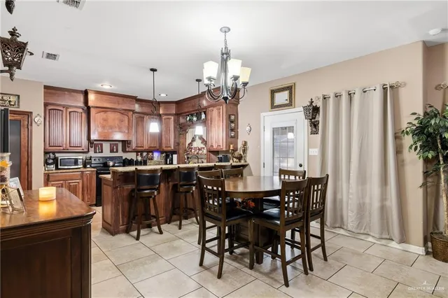 a view of a dining room with furniture