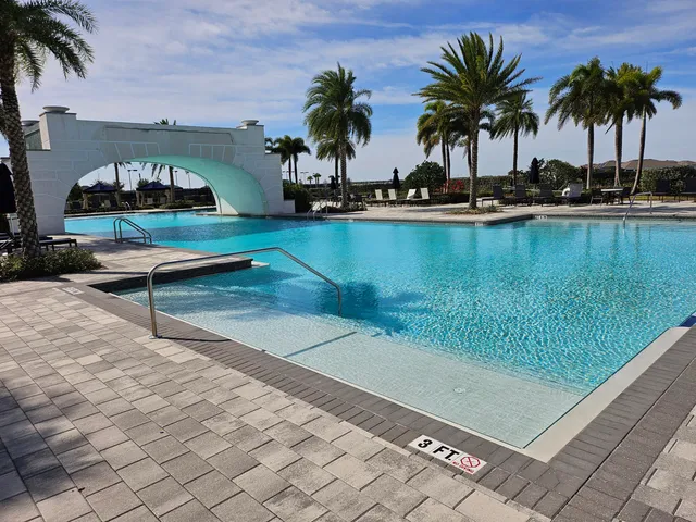 a view of a swimming pool with a yard and palm trees