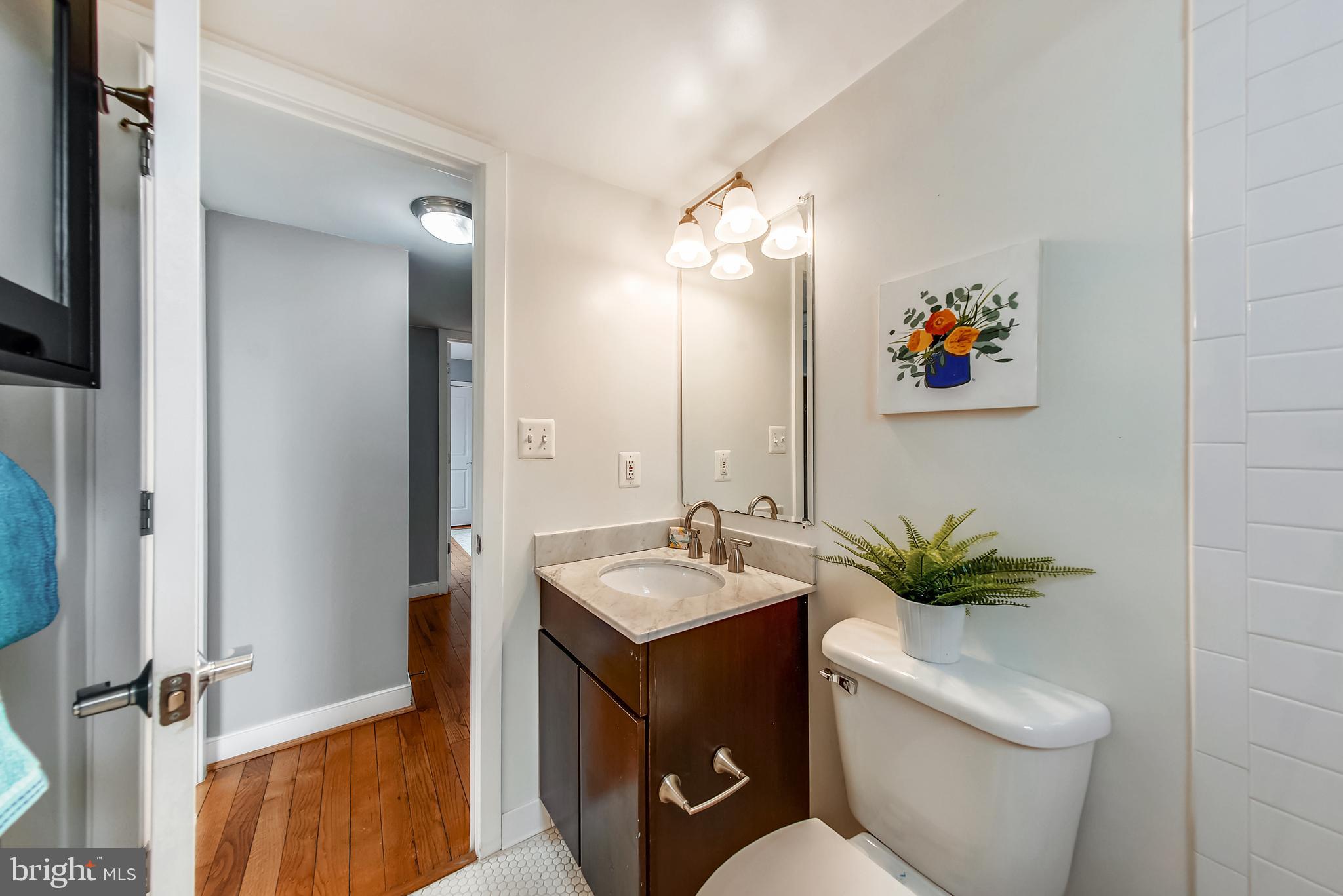 420 16th Street Southeast, Unit 306 Washington, DC 20003 - Photo 18 of 32 a bathroom with a granite countertop sink a toilet a mirror and shower
