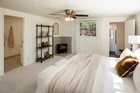 a bedroom with a bed furniture and a fireplace