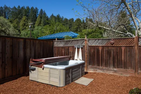 a view of backyard with a tub and trees in the background