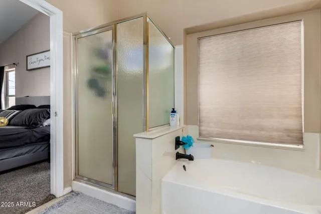 a bathroom with a bathtub and a shower