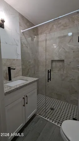 a bathroom with a granite countertop white toilet a sink and shower