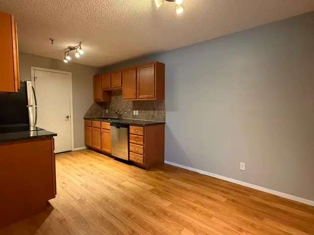 a kitchen with stainless steel appliances granite countertop a stove a sink and a refrigerator