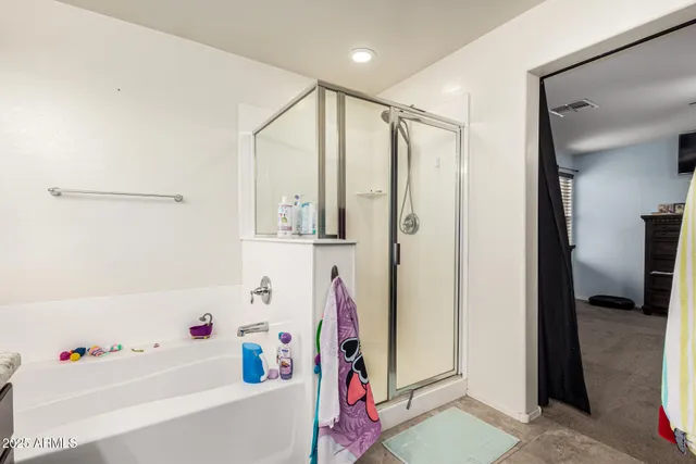 a bathroom with a bathtub and a shower