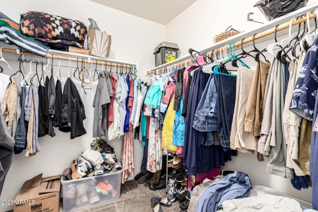 a view of walk in closet with clothes and shoes
