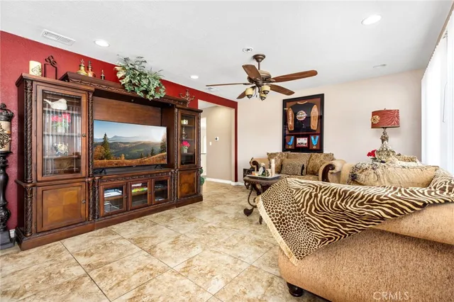 a view of a dining room with furniture