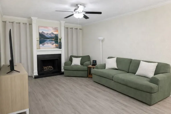 a living room with furniture and a fireplace