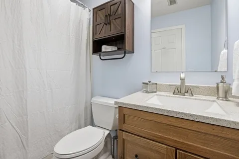 a bathroom with a sink a toilet and mirror
