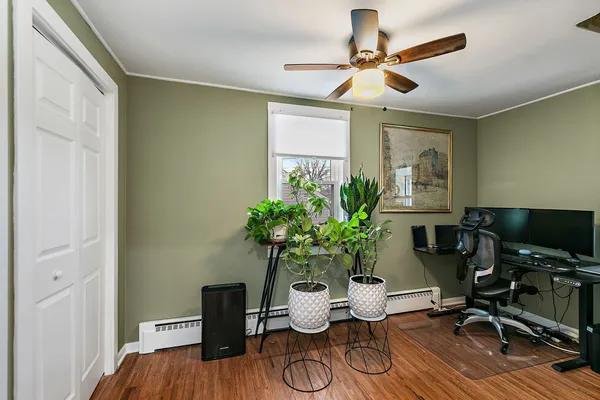 a living room with furniture and a potted plant