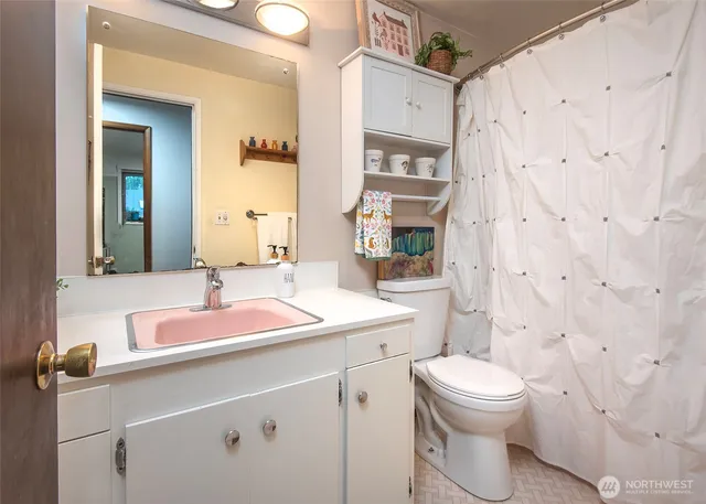 a bathroom with a sink toilet vanity and shower