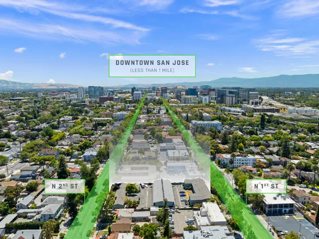 an aerial view of a building with outdoor space