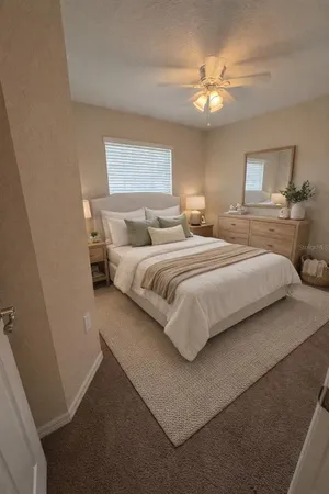 a bedroom with a large bed and a chandelier