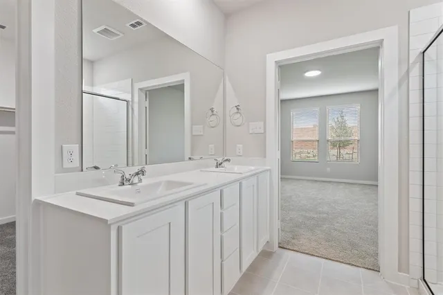 a bathroom with a sink double vanity and a mirror