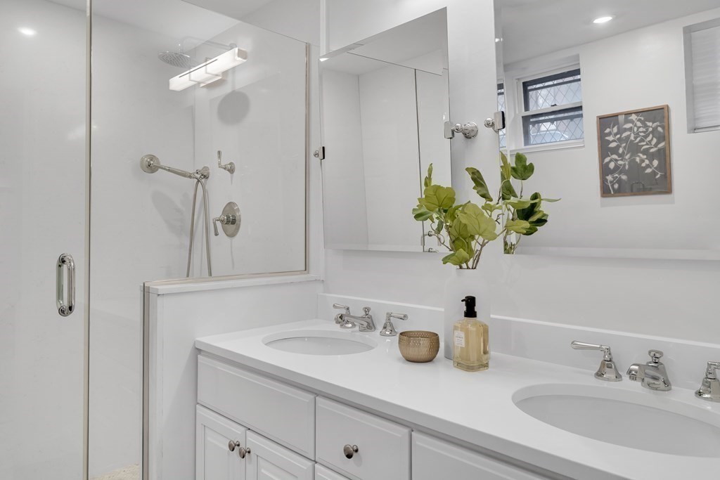 295 Beacon Street, Unit 2 Boston, MA 02116 - Photo 18 of 29 a bathroom with a granite countertop sink a potted plant and a shower