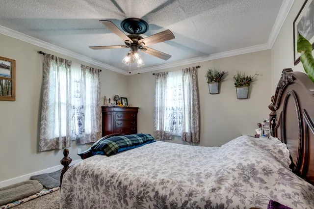 a bedroom with a bed and a chandelier