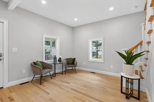 a living room with furniture and a potted plant