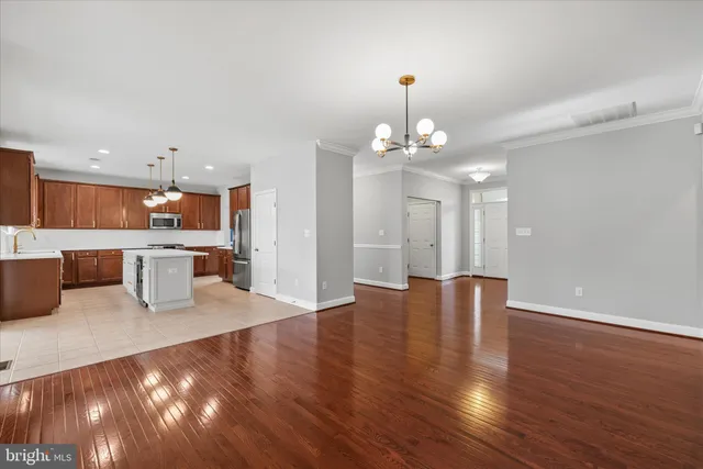 a view of a kitchen with kitchen island stainless steel appliances wooden floor cabinets and a potted plant