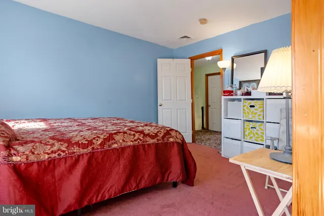 a bedroom with a bed closet and mirror
