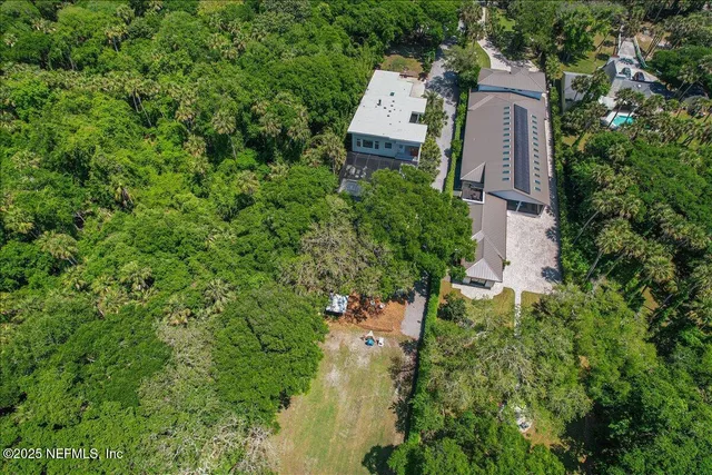 a view of a city with lush green forest