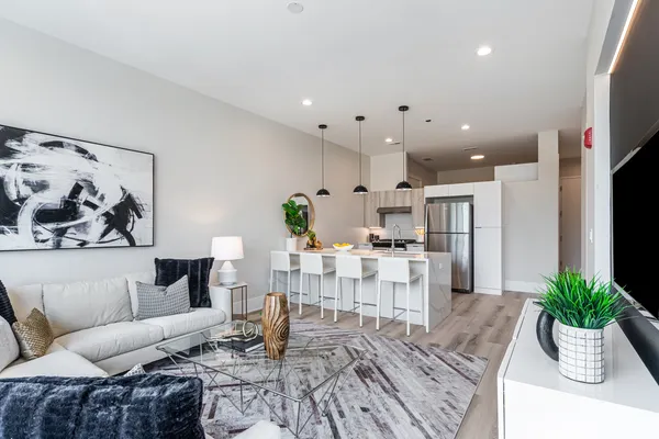 a living room with furniture kitchen view and a potted plant