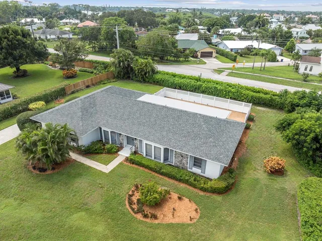 an aerial view of a pool