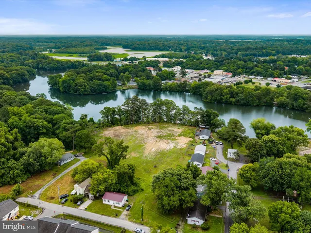 an aerial view of city lake and trees all around