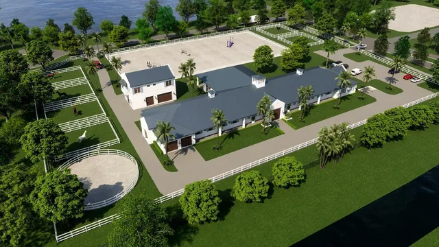 an aerial view of a house with a garden