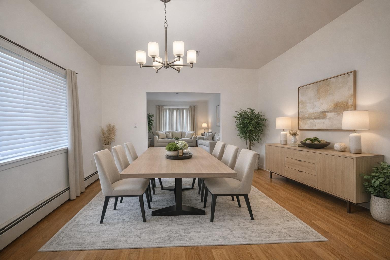a view of a dining room with furniture window and wooden floor