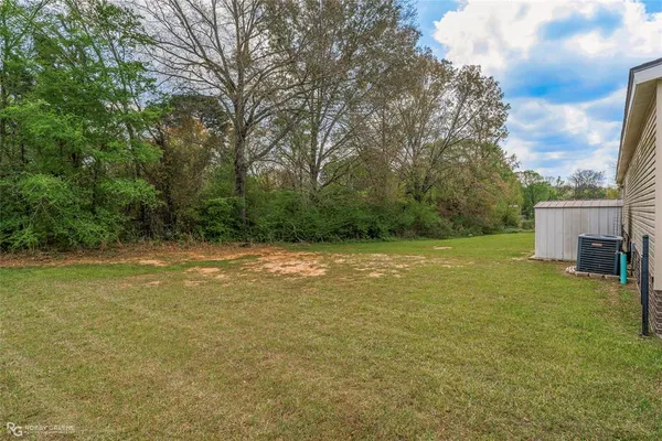 a view of a backyard with a small cabin