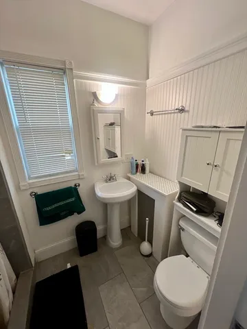 a bathroom with a sink a toilet a mirror and shower