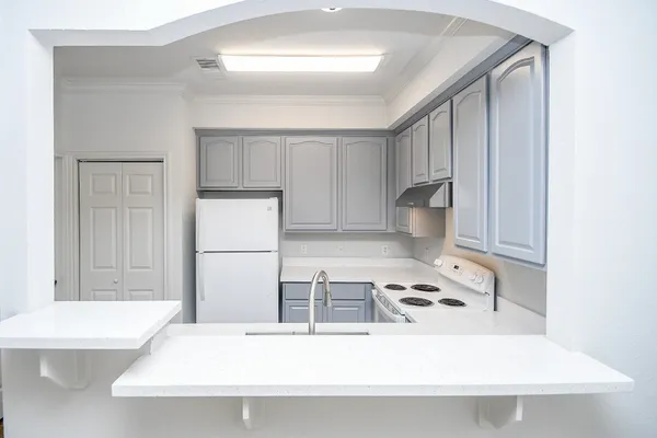 a kitchen with a sink a stove and a refrigerator