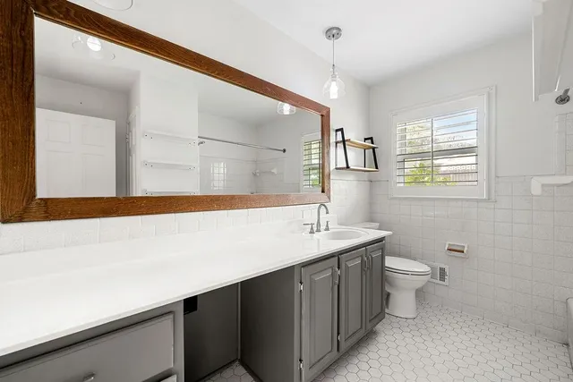 a bathroom with a sink a toilet a mirror and vanity