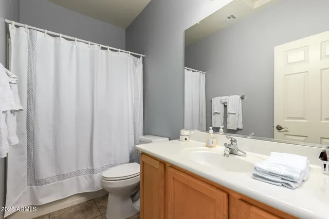 a bathroom with a sink a toilet and shower curtain
