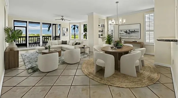 a living room with couches a table and a dining table with garden view