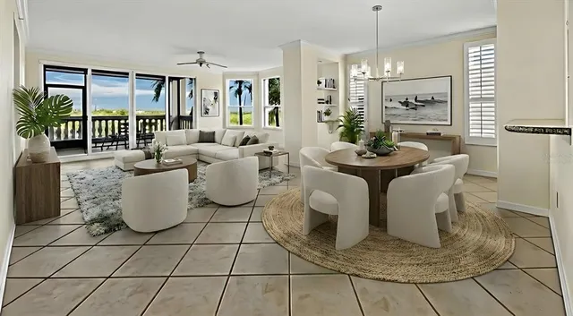 a living room with couches a table and a dining table with garden view