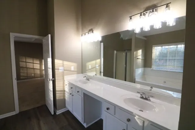 a bathroom with a double vanity sink and a mirror