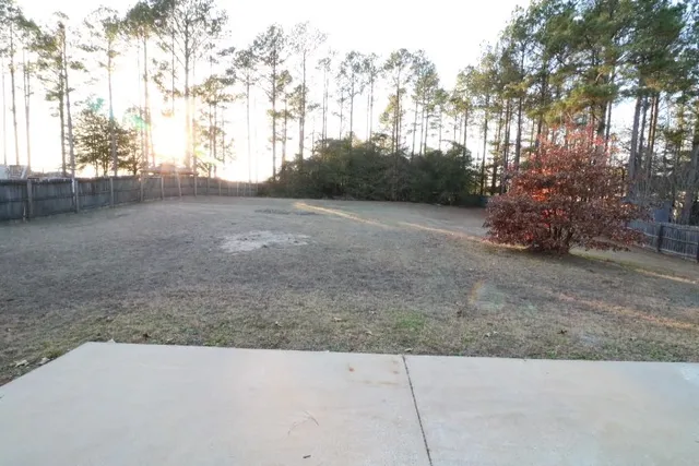 a view of a field with trees in the background