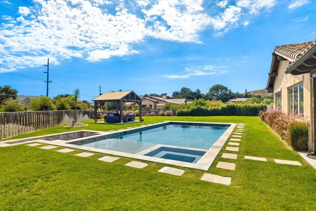 a view of a swimming pool with a yard