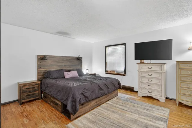 a spacious bedroom with a bed and a potted plant