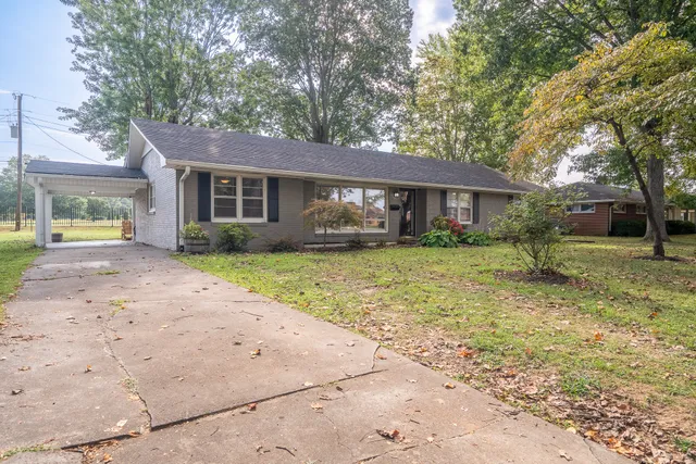 a front view of house with yard and green space