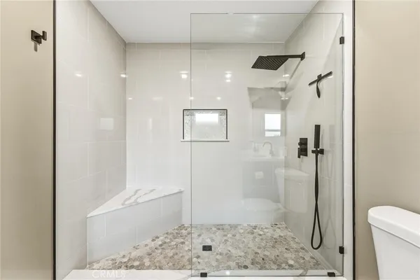 a bathroom with a shower and a toilet