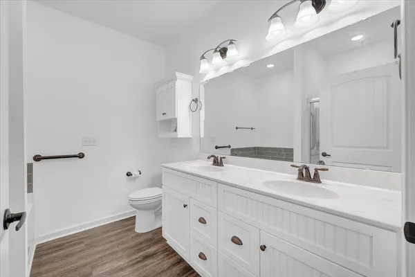 a bathroom with a double vanity sink mirror and toilet