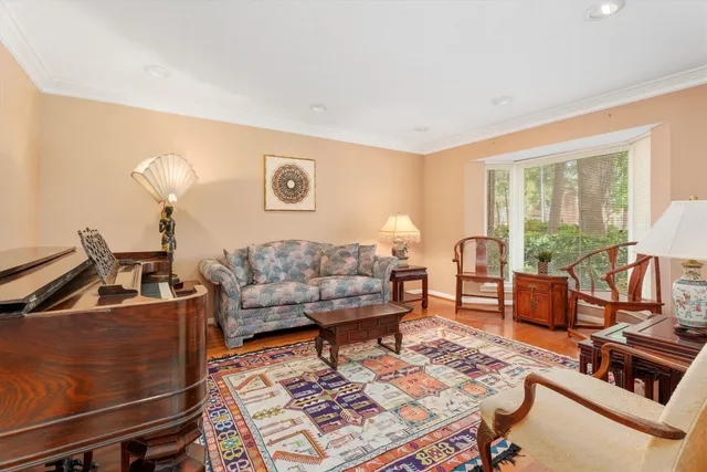 a living room with furniture and a rug