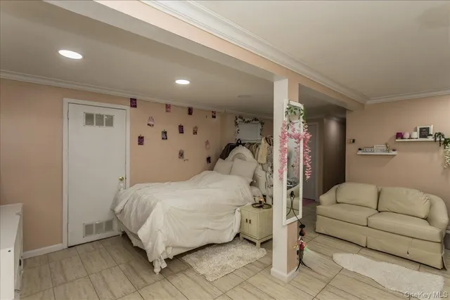 a view of a chair and table under an umbrella