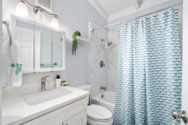 a bathroom with a sink a toilet and shower curtain