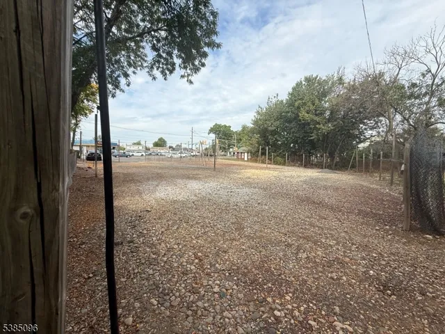 a view of dirt yard with large trees