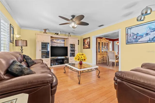 a living room with furniture ceiling fan and a fireplace