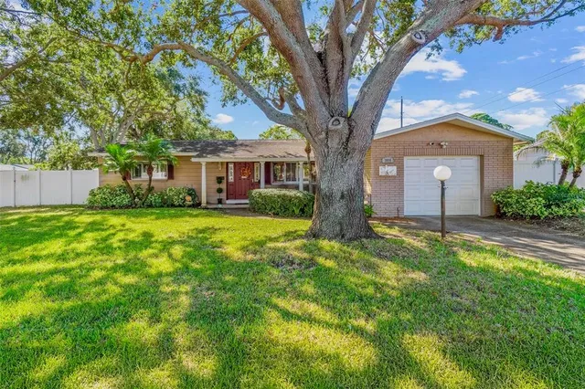 a front view of house with yard and green space