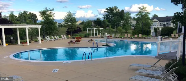 a view of swimming pool with outdoor seating and plants